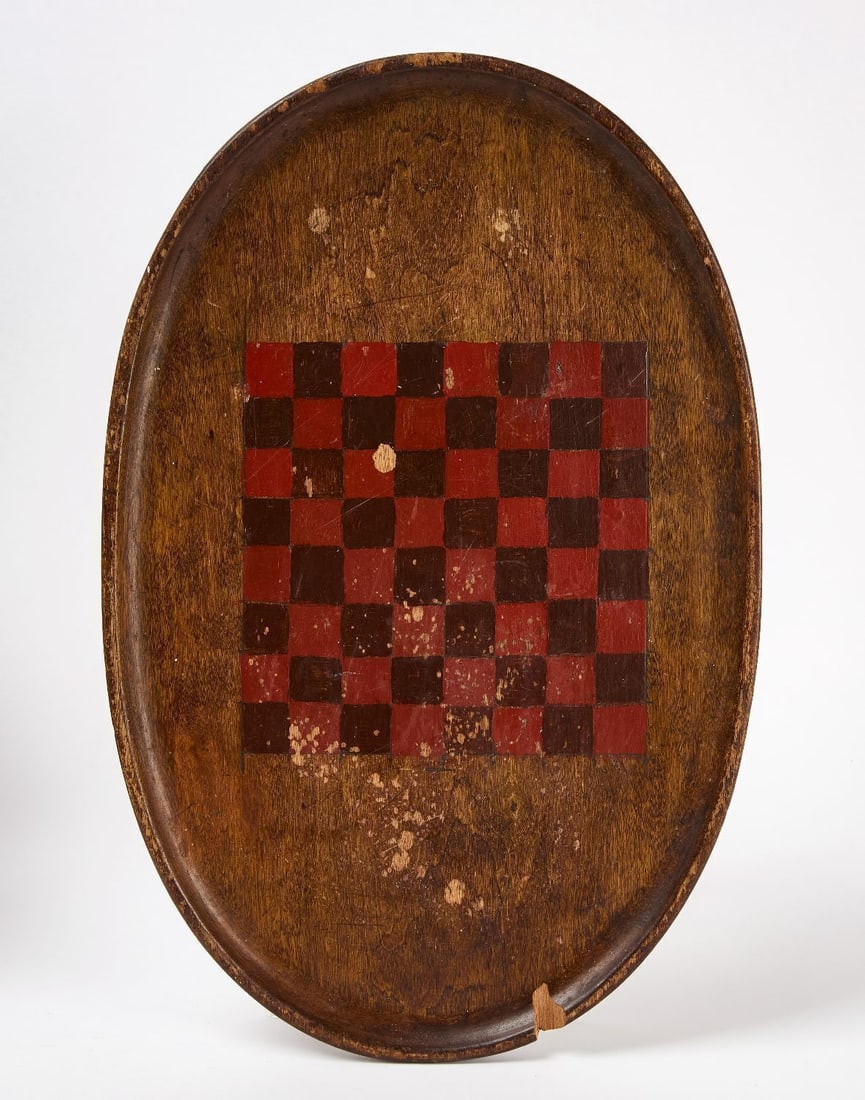 Checkers Gameboard: Checkers gameboard. oval wooden game board with a hand-painted play area. American, late 19th century. H 19-3/4 in. W 13 in. Collection of Bruce and Doranna Wendel.