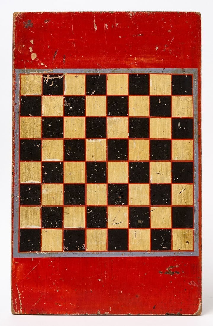 Checkers Gameboard: Checkers gameboard. Original paint on wood board. American, late 19th century. H 20-1/2 in. W 13 in. Collection of Bruce and Doranna Wendel.