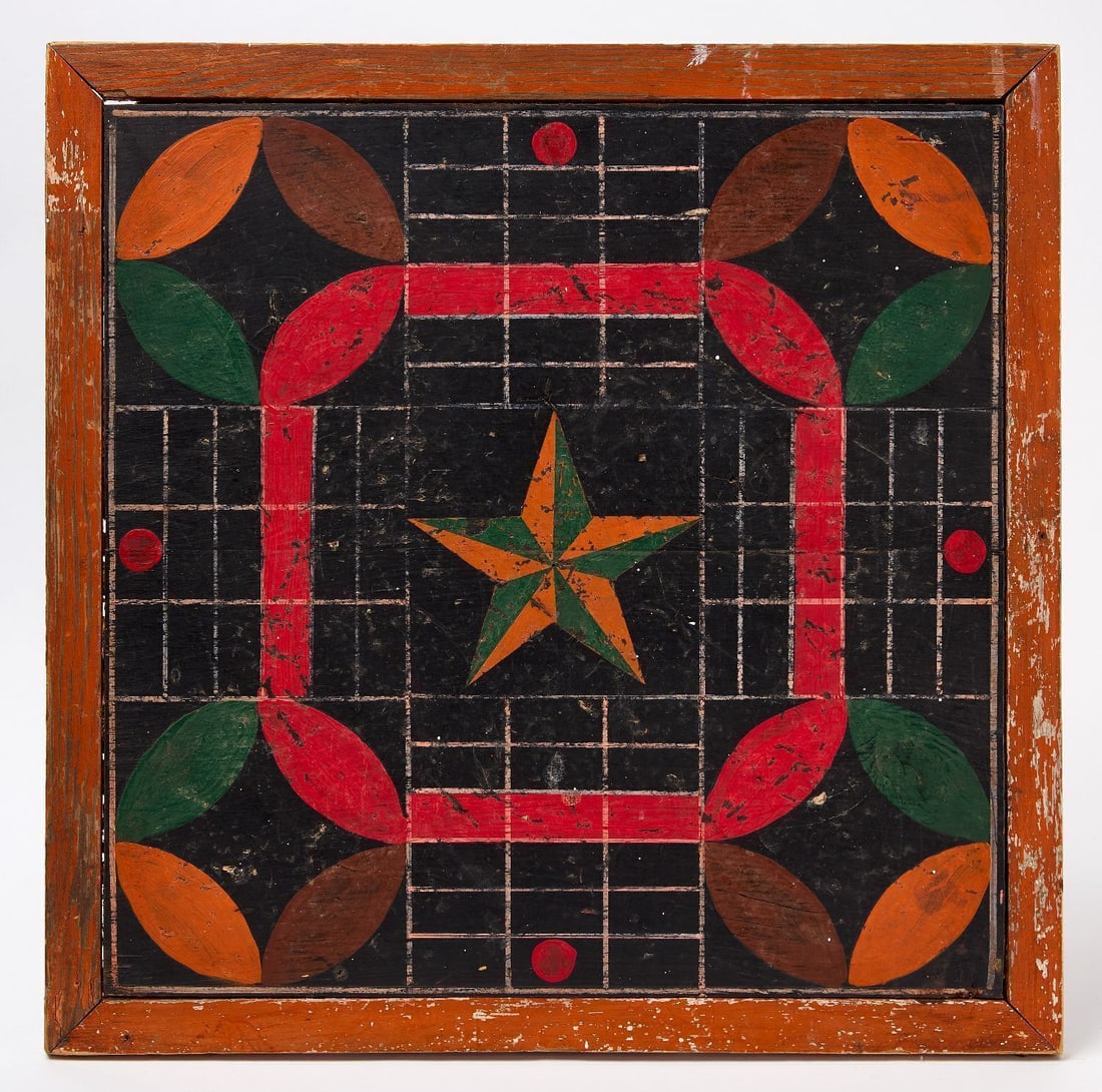 Parcheesi Gameboard: Parcheesi gameboard. Original paint on framed wood panel. American, Late 19th century. H 20-3/4 in. W 21 in. Collection of Bruce and Doranna Wendel.