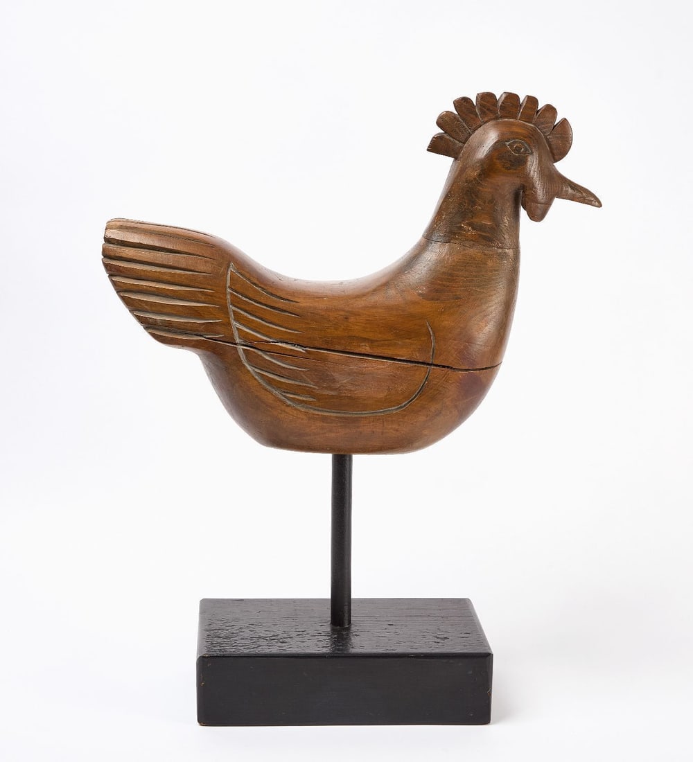 Folk Art Wood Carved Rooster: Wood carved rooster with custom stand. American, circa 1900. H (overall) 25-1/2 in. W (Rooster) 19-1/2 in.