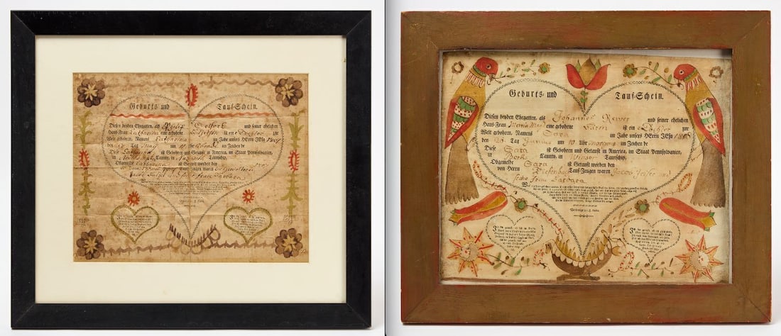 German Watercolor Baptism Record and Fraktur Birth and Baptism Record: German birth and baptism record. Watercolor and ink on paper with floral motifs. Dated 1807. Modern frame. Frame: H 20 in. W 22-3/4 in. Sight: H 12 in. W 14-3/4 in. Together with German