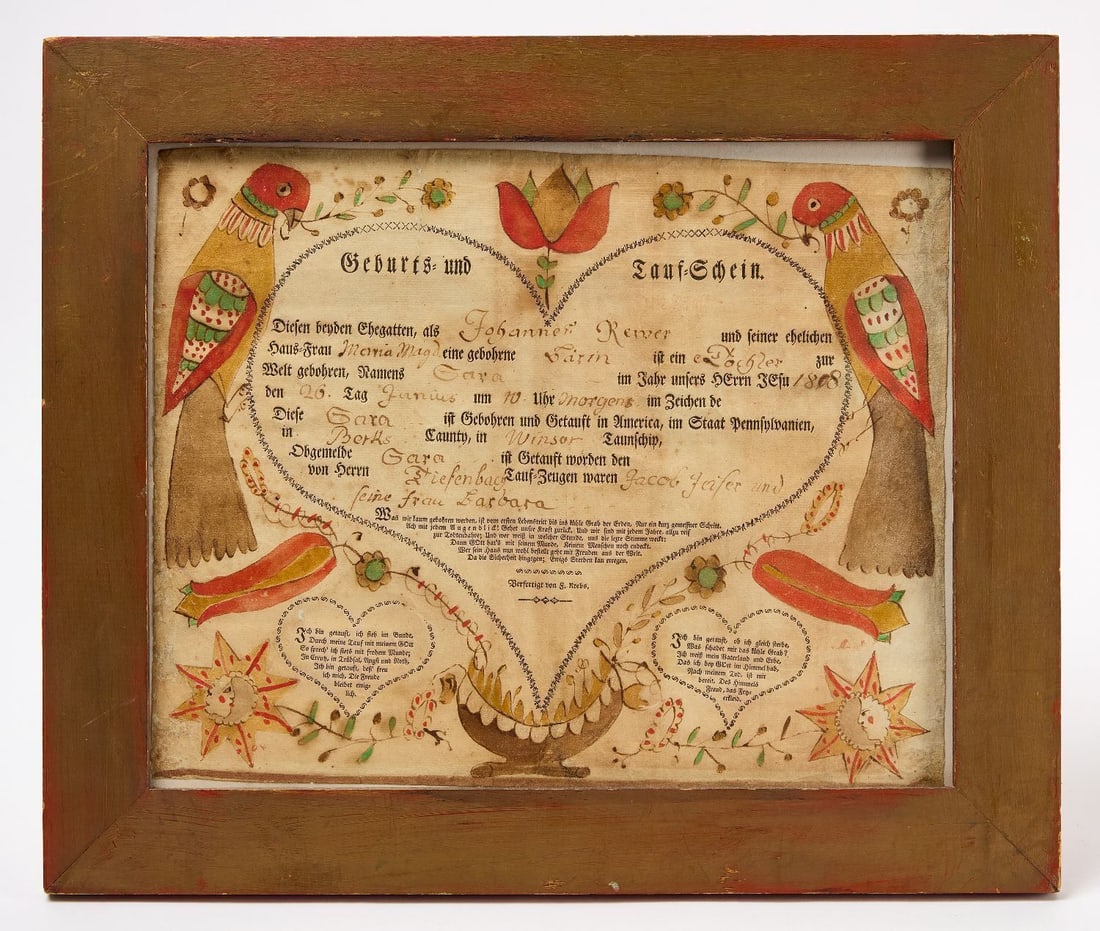 German Watercolor Baptism Record and Fraktur Birth and Baptism Record - 3