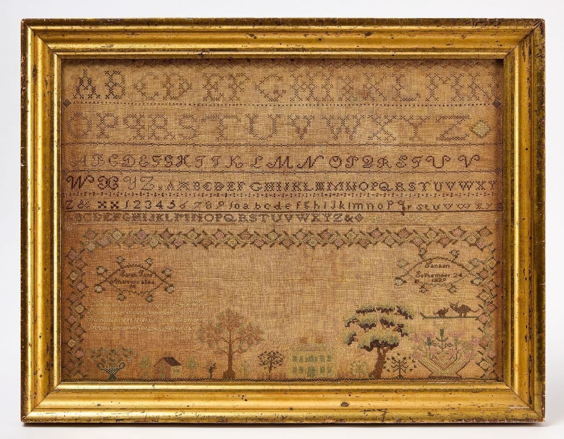 Needlework Sampler - Sarah Jane Andrews, 1839: Needlework sampler wrought by Sarah Janes Andrews (aged 14), dated September 24, 1839. Canaan, Connecticut. Period gilt frame. Frame: H 19-1/2 in. W 25-1/4 in. Sight: H 15-5/8 in. W 21-1/2 in.