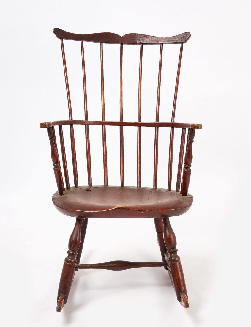 Windsor Comb Back Chair: Windsor comb back chair with rockers. Red paint. Late 18th-early 19th century. H 35-5/8 in. W 22-1/8 in. D 28-1/4 in. Seat H 15-3/8 in. D 15 in.