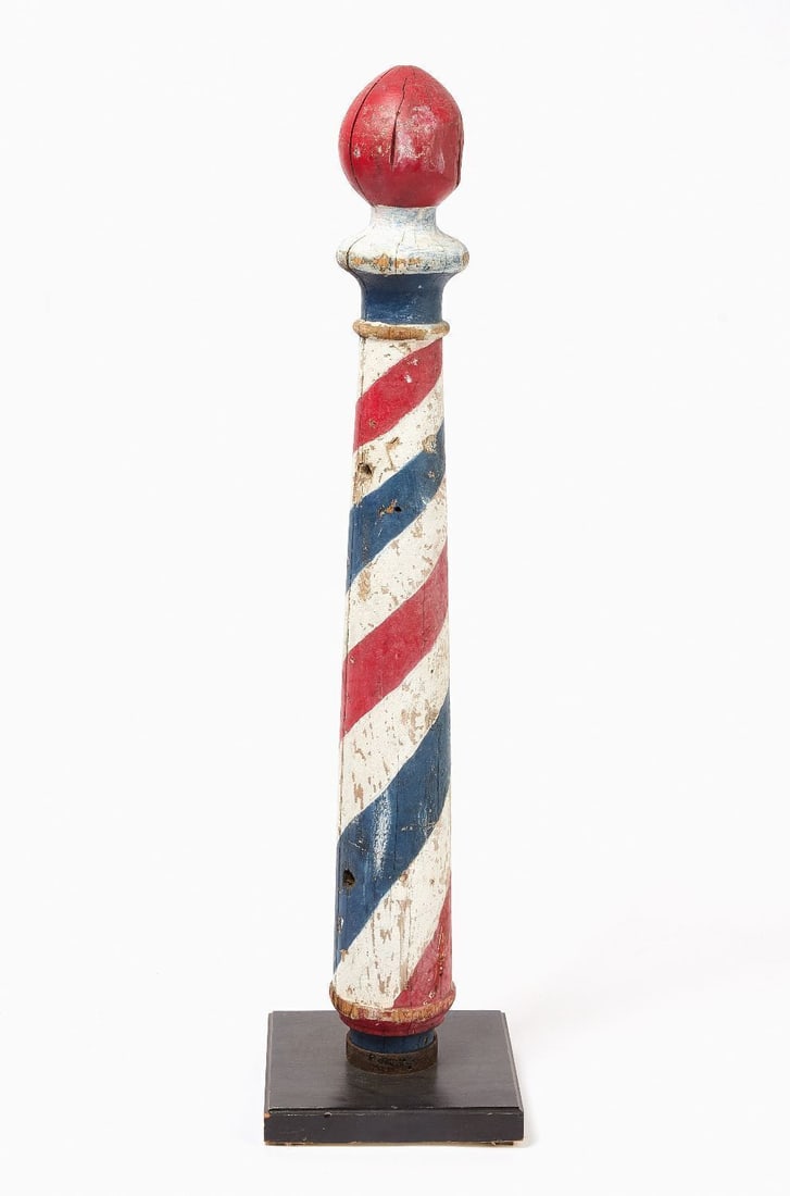 Barber Pole: Baber pole. Turned wood in old red, white, and blue paint. Mounted to custom wood base. American, late 19th century. H (incl. base) 48 in.