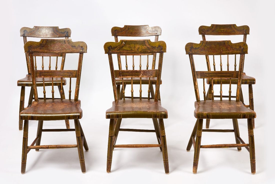 Set of Six Paint-Decorated Chairs: Set of six paint-decorated dining chairs. Stencil-signed underneath seat Robert Ligget (Philadelphia). 19th century. H 32-1/2 in. W 15-1/2 in. D 14-1/2 in. SH 17-1/4 in.