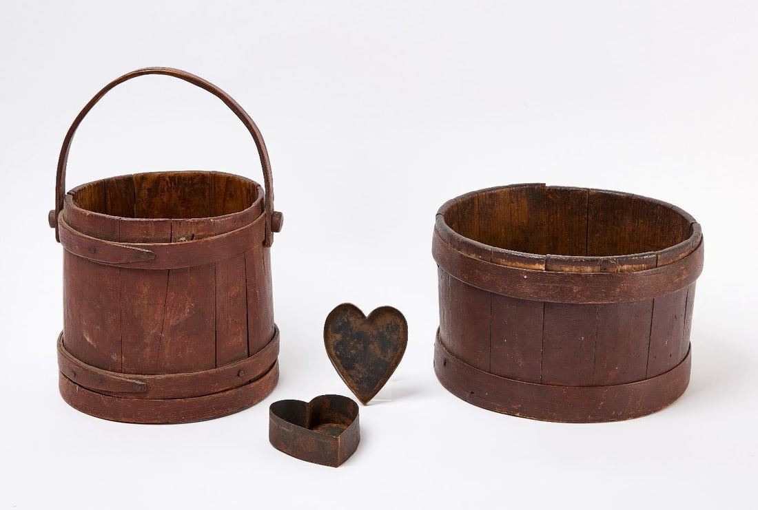 Lapped Measure, Painted Bucket, and Heart Tin - 2