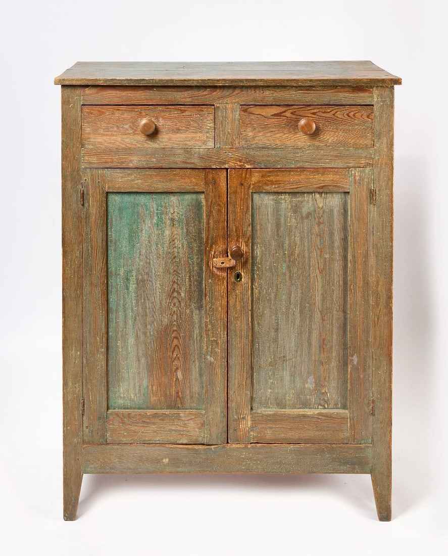 Country Jelly Cupboard in Blue Paint: Country Jelly Cupboard in Blue Paint. Features two drawers and two shelves to interior. Old blue paint. American, mid-to-late 19th century. H 57 in. W 43-3/4 in. D 21-5/8 in. 