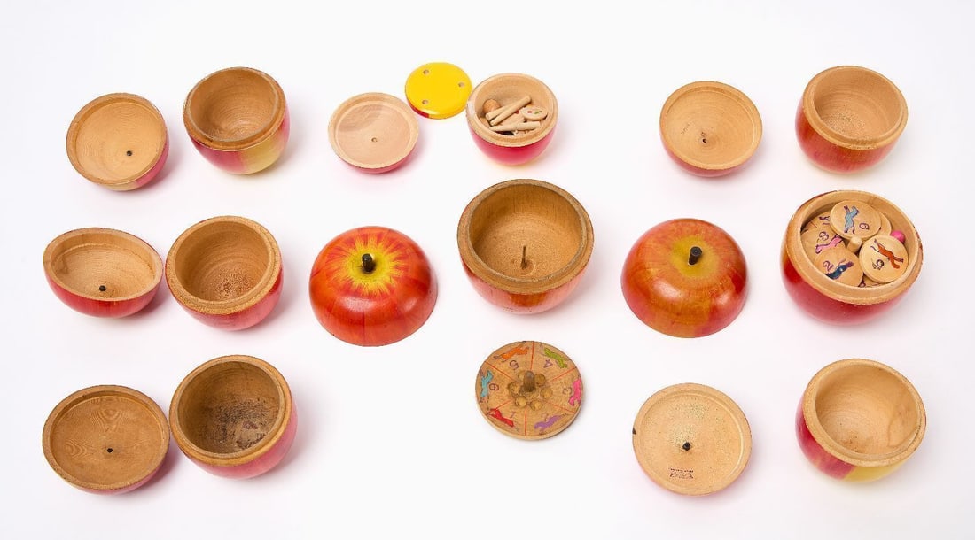 Group of Wire Fruit Baskets and Painted Wood Apples - 2