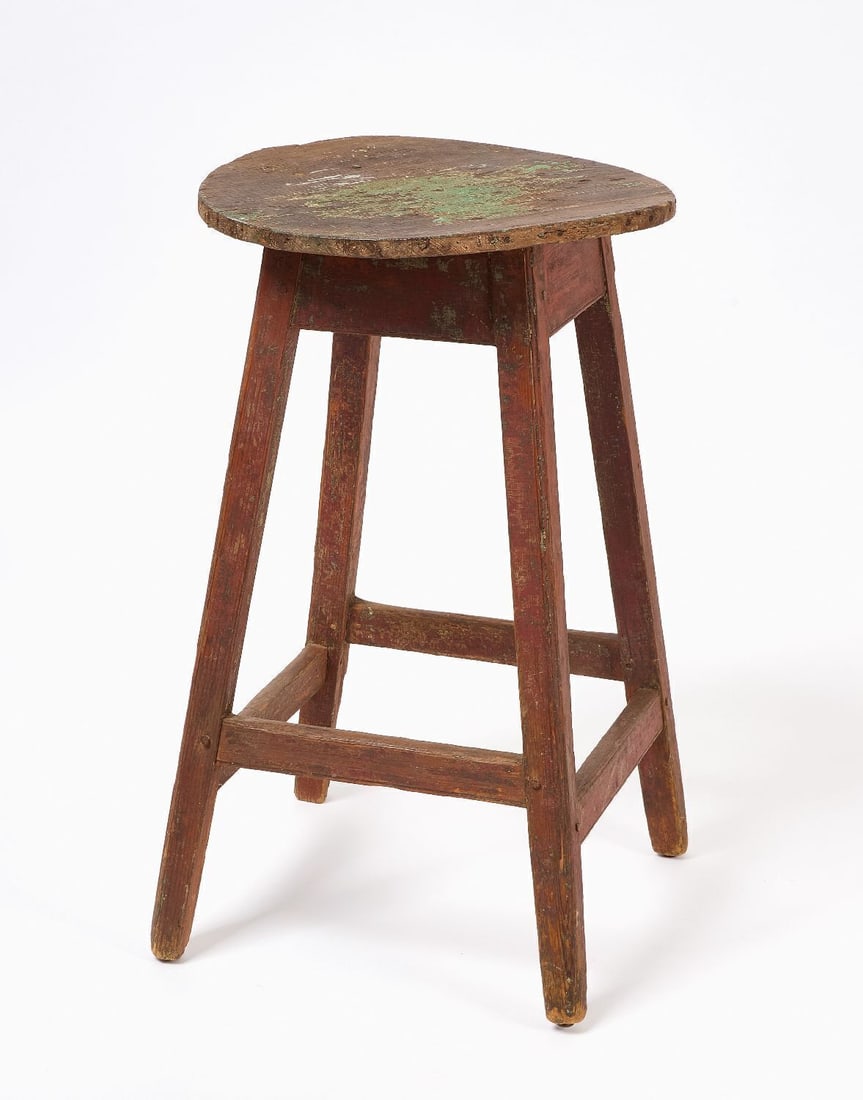 Painted Splay-Leg Work Stool: Splay-leg work stool with remnants of old paint. American, 19th century. H D