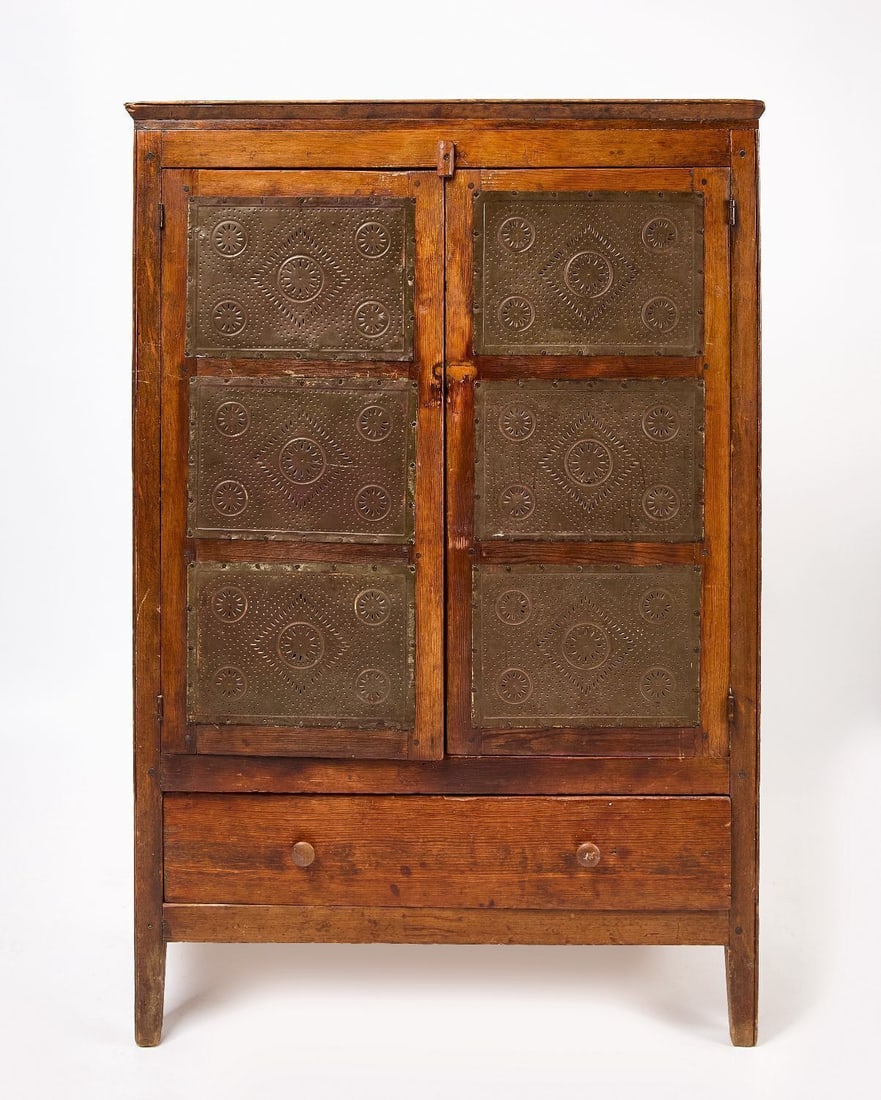 Country Pie Safe: Country Pie Safe. Wood construction with 12 pierced tin panels and two drawers. Three interior shelves. American, mid-to-late 19th century. H 58-3/4 in. W 39-1/4 in. D 17-3/8 in.