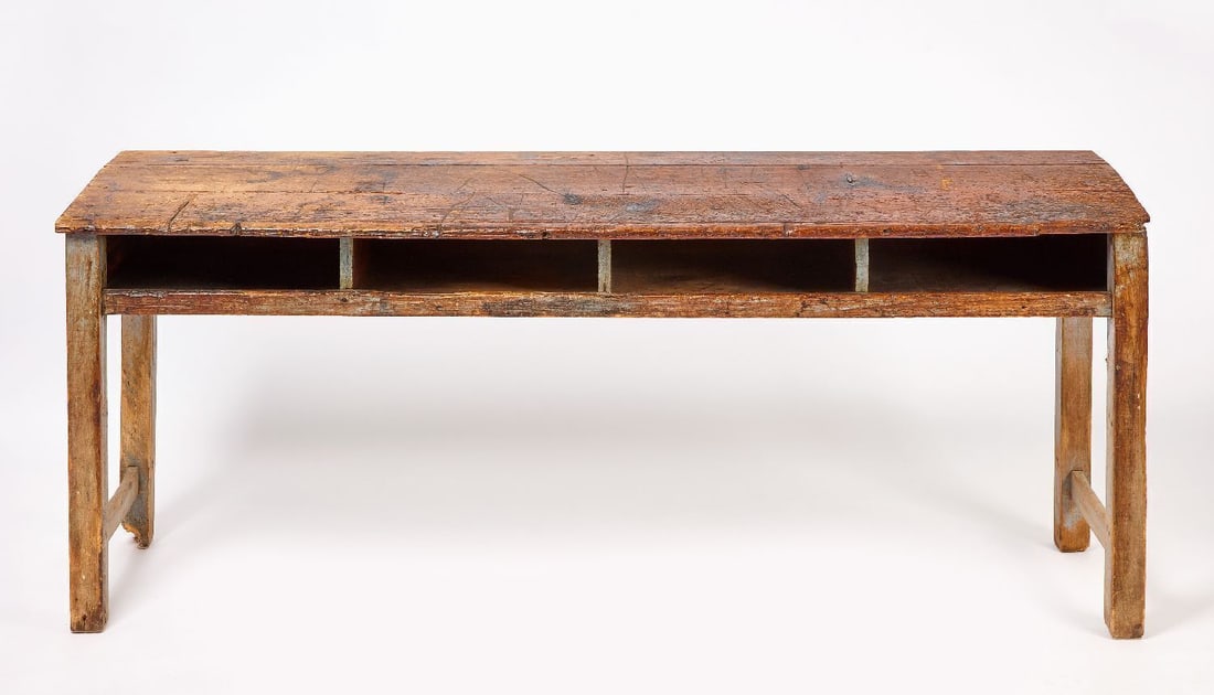 Early School Desk: Early School Desk. Features four desk compartments/cubbies. Old gray paint over pine. American, mid-to-late 19th century. H 28-1/4 in. W 7-1/2 in. D 18-3/4 in.