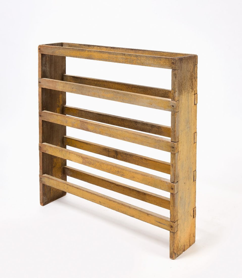 Painted Country Display Rack: Painted Country Display Rack. Five mortised racks. Old paint. American, Mid to late 19th century, H 40 in. W38-7/8 in. D 8-1/4 in. 