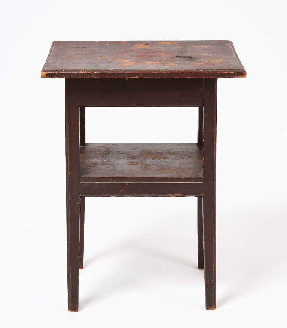 Painted Work Stand: Work stand in old brown paint over older red with decoration on top. Likely pine. American, 19th century. H 28 in. W 21-7/8 in. D 16 in.
