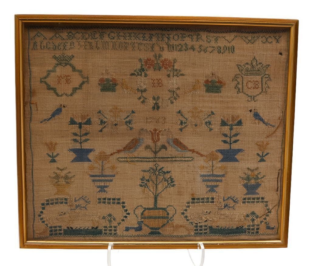 Needlework Sampler with Animals, 1763: Needlework sampler with animals. Date of 1763 is shown near the middle of the work. Needlepoint on linen. Modern frame. Backside shows modern hand-written info potentially related to the origins on th