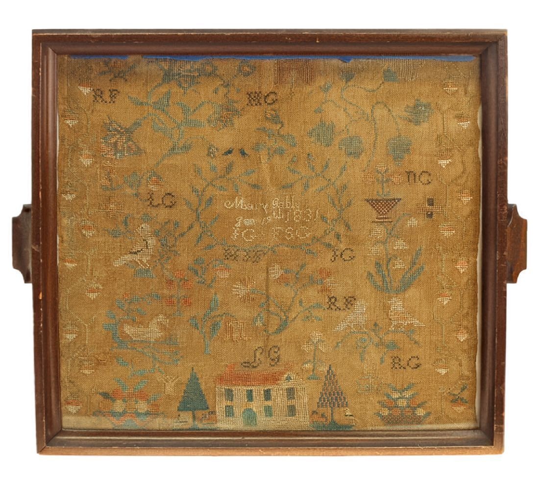 Needlework Sampler - Mary Gable, 1831: Needlework sampler wrought by Mary Gable, dated Jan 19th, 1831. Needlepoint on linen. Depicts birds, vines with flowers, a house, horse and rider, and other wildlife. Framed in what appears to be a 20