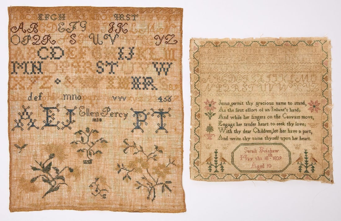Two Unframed Needlework Samplers: Two unframed samplers. Needlepoint on linen. Smaller wrought by Sarah Rolshaw, aged 10, dated 1839. The other wrought by Ellen Perry, dated 1828. H 13-1/4 in. W 12-1/2 in. and H 18-3/4 in. W