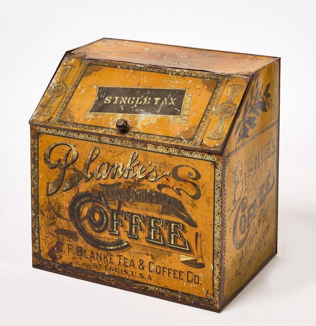 Blanke's Coffee Storage Bin: C. F. Blanke Tea and Coffee Co. Tin storage bin with original painted decoration. American, late 19th century. H 19-1/2 in. W 19-3/8 in. D 14 in.