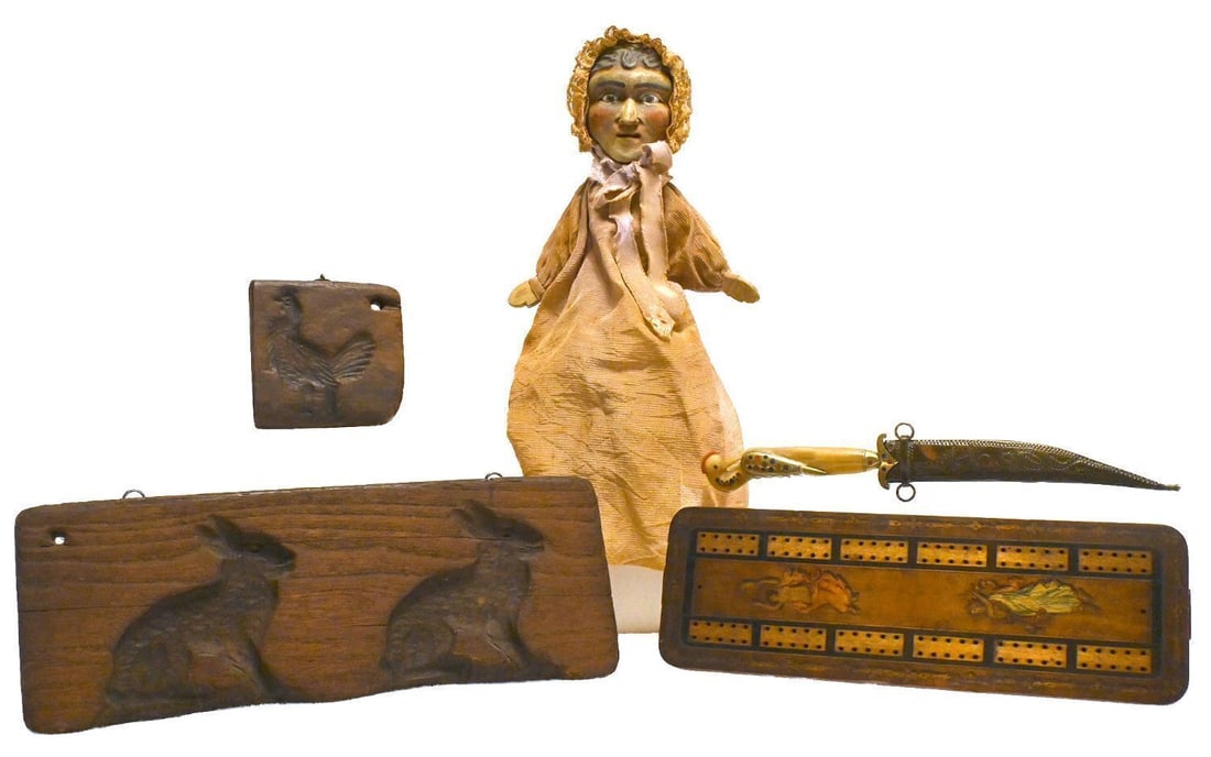 Estate Group with Carved Puppet: Estate group of 5 items including a carved and painted puppet with original clothing, a bone-handled knife, a cribbage board, and two country molds with livestock. 