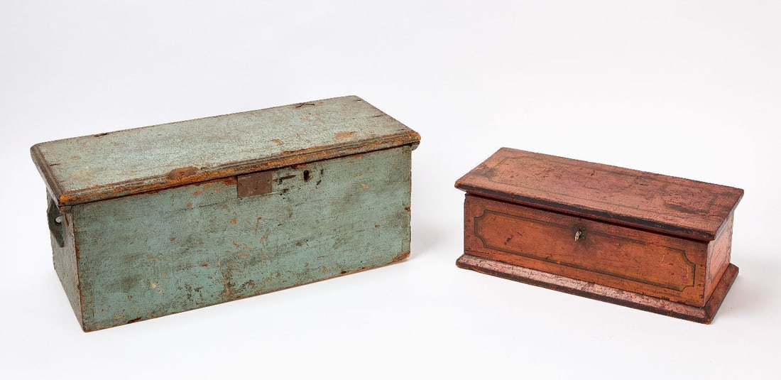 Two Small Painted Chests: Two small painted chests. Larger is a sea chest in original blue paint. Dovetail construction with snipe hinges. Smaller in red/orange paint and fine yellow line decoration. American, 19th century. H