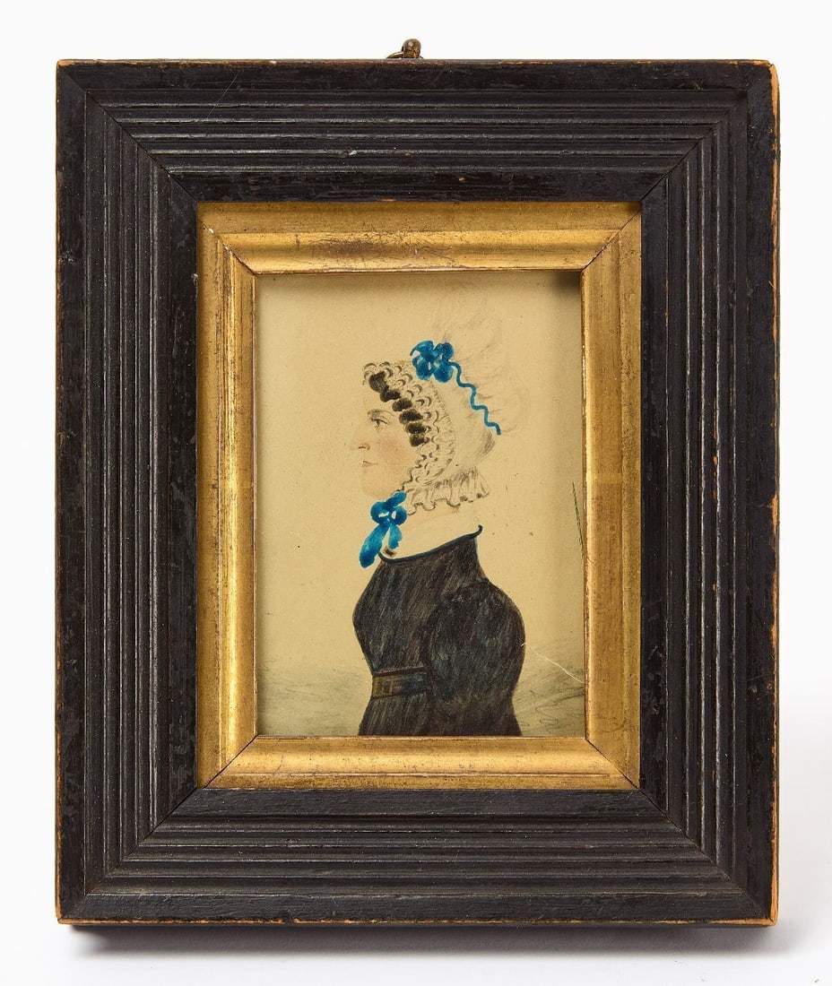 Miniature Portrait of a Woman in Bonnet: Miniature portrait of a woman wearing a bonnet. Woman is shown in profile. Watercolor on paper in period painted wood frame. American, mid 19th century. Frame: H 6-3/4 in. W 5-3/4 in. Sight: H 3-5/8