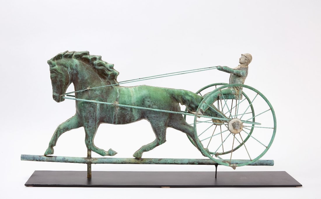 Horse and Sulky Weathervane: Horse and Sulky weathervane. Copper construction. Stand included. American, early 20th century. H 14-1/4 in. L 31-1/2 in. W 9-1/2 in.