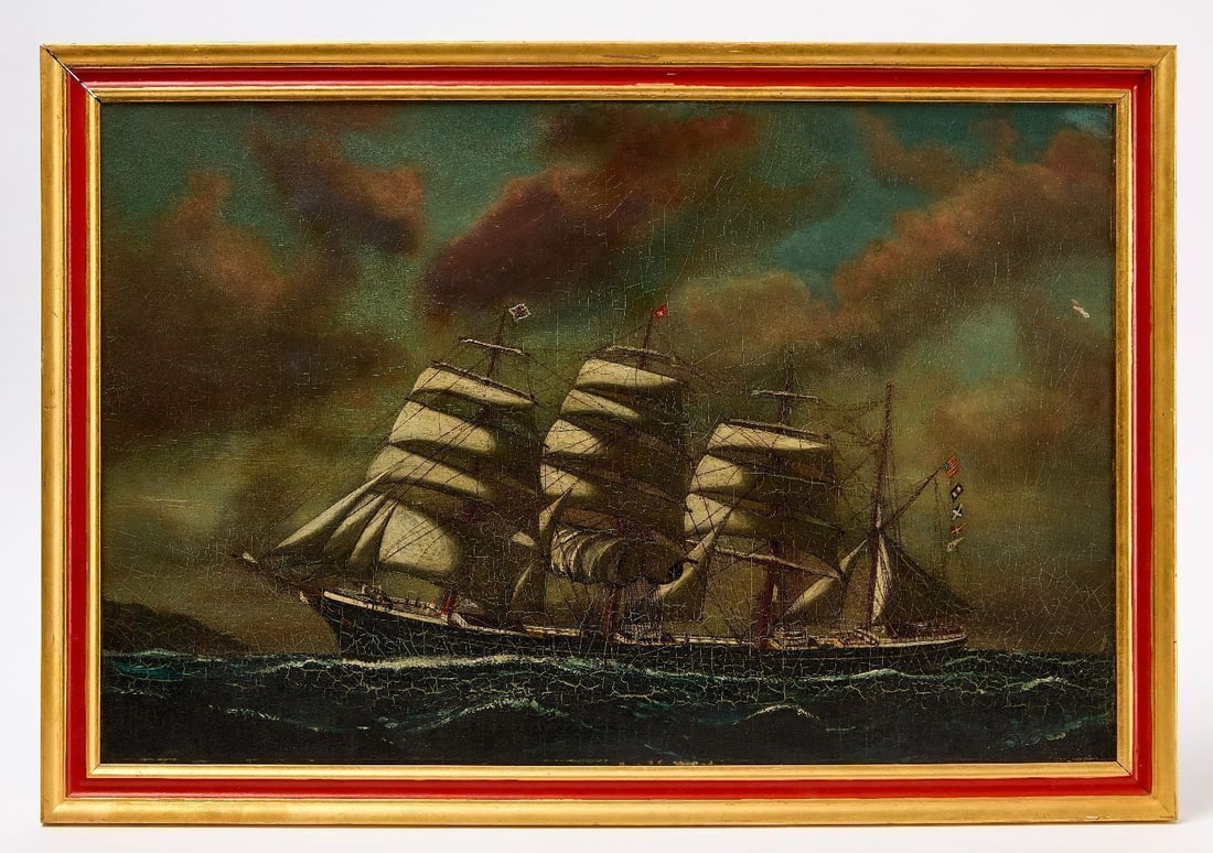 Painting of Four-Masted Bark with American & British Ensigns (1 of 2)