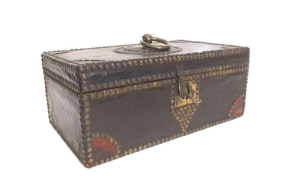 Leather Covered Lock Box with Brass Tacks (1 of 5)
