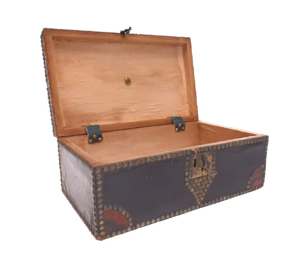 Leather Covered Lock Box with Brass Tacks - 2