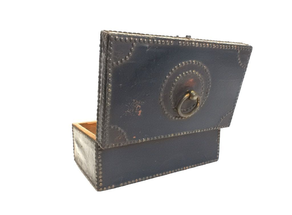 Leather Covered Lock Box with Brass Tacks - 3