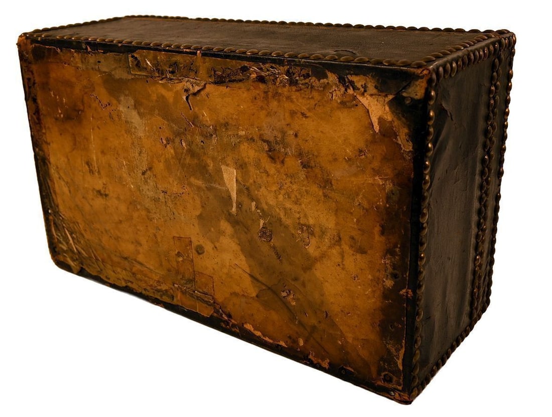 Leather Covered Lock Box with Brass Tacks - 4
