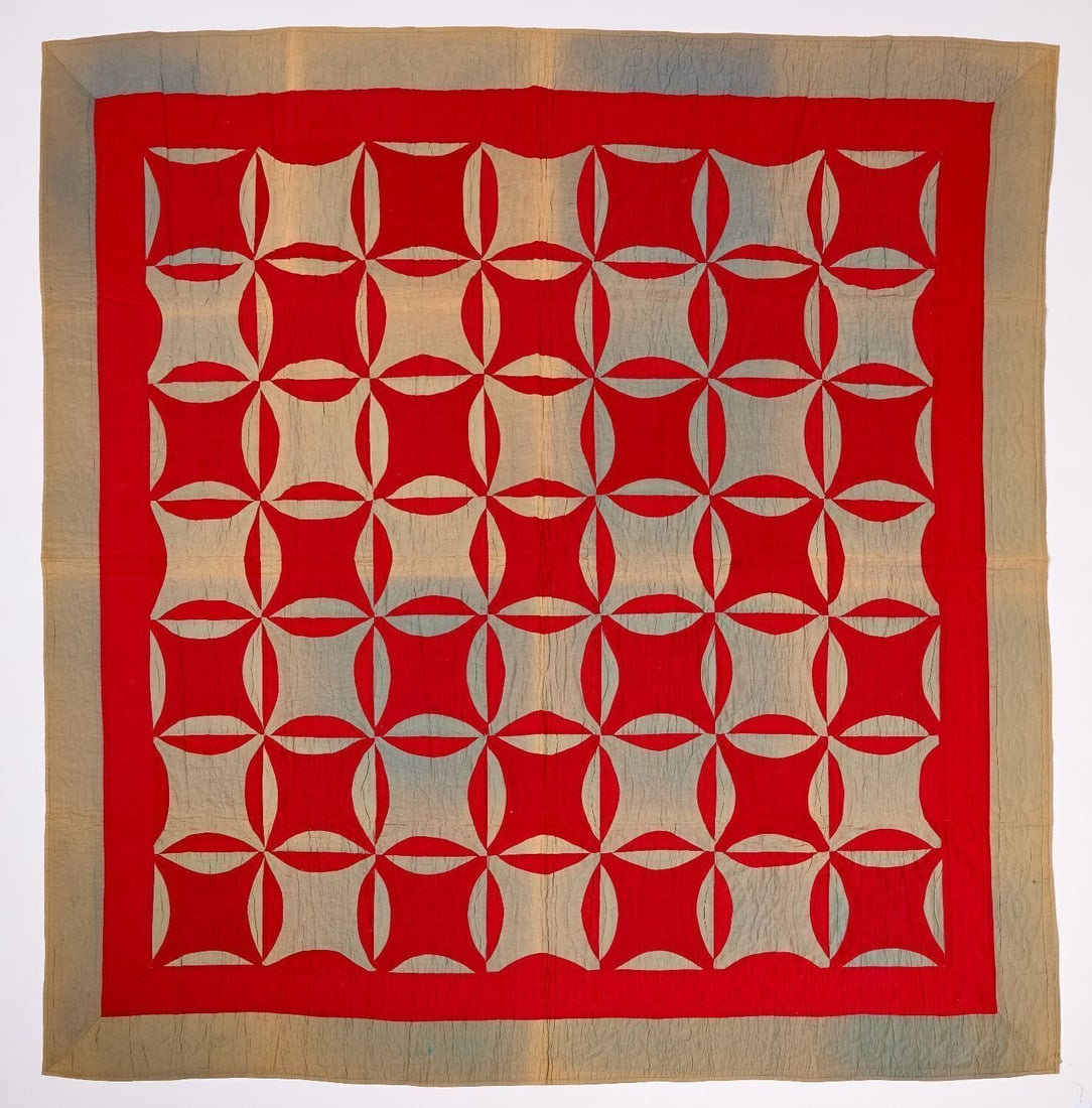 Rob Peter to Pay Paul Quilt: 'Rob Peter to Pay Paul' quilt. Red on blue ground. American, circa 1920. L 71 in. W 69 in.
