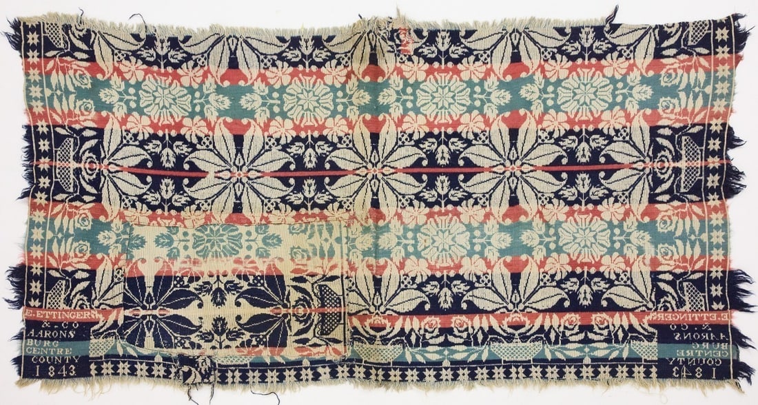Early Pennsylvania Coverlet: Early Pennsylvania coverlet signed E. Ettinger Aaronsburg Centre County (PA), 1843. L 80" W 39".