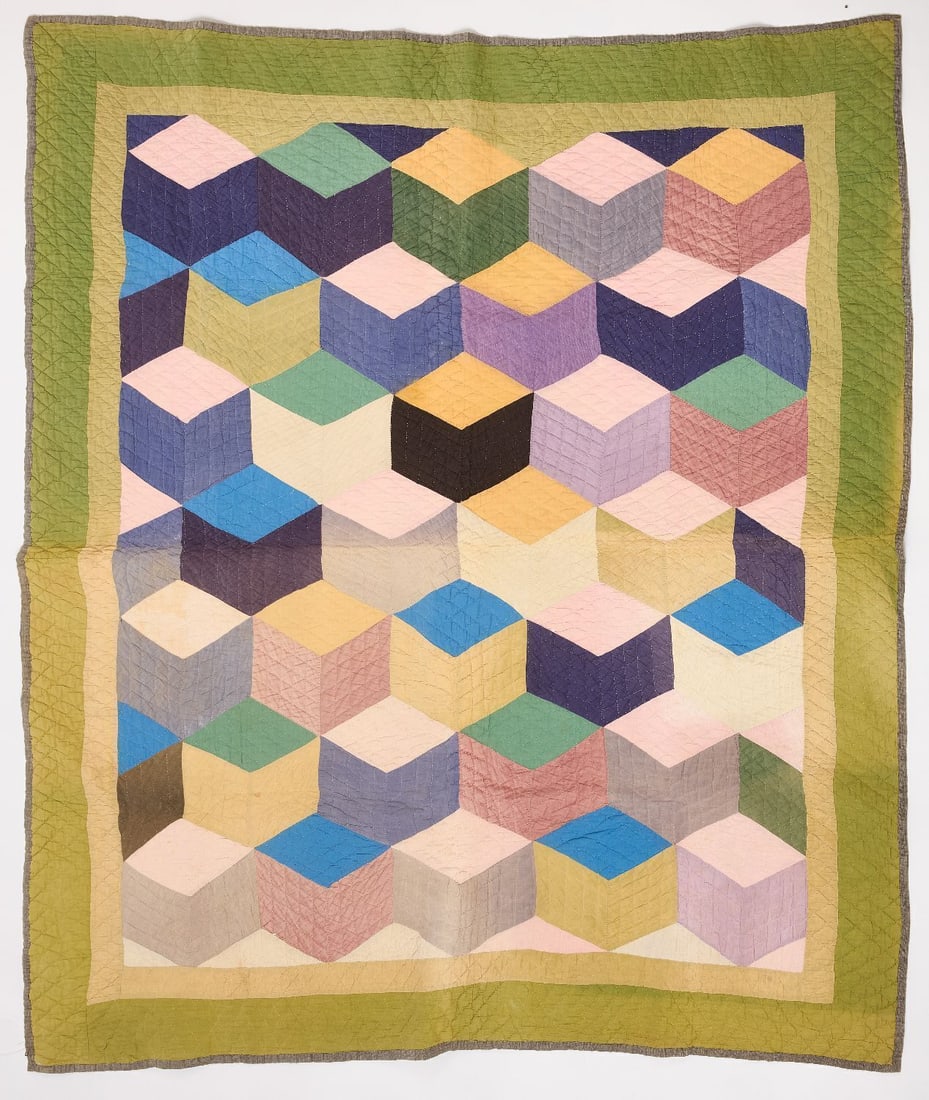 Group of Early Fabrics - Quilts and Coverlets: Large group of fabrics as follows: Two coverlets. One in blue, red, and green with white motifs, dated 1840. The other in blue with concentric circles. American, mid 19th century. L 87-1/2 in. W 