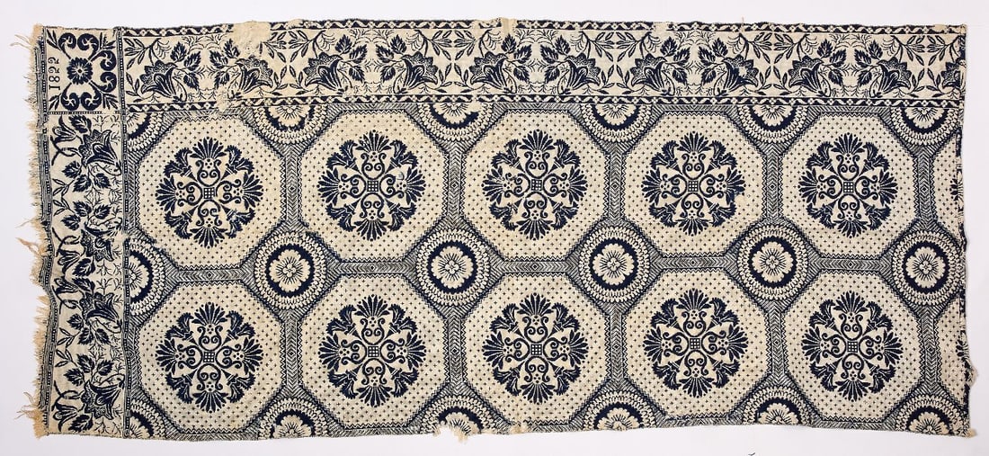 1855 Blue and White Half Coverlet: 1855 dated blue and white half coverlet. American. L 87 in. W 79 in.