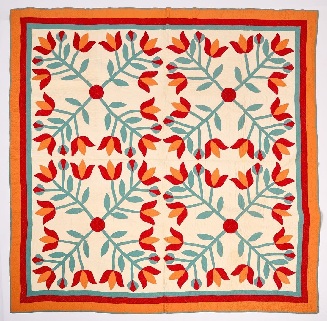 Quilt with Tulips: Quilt with tulips and buds. Concentric border in orange, red, and turquoise. Machine-stitched. American, circa 1930. L 77 in. W 78 in.