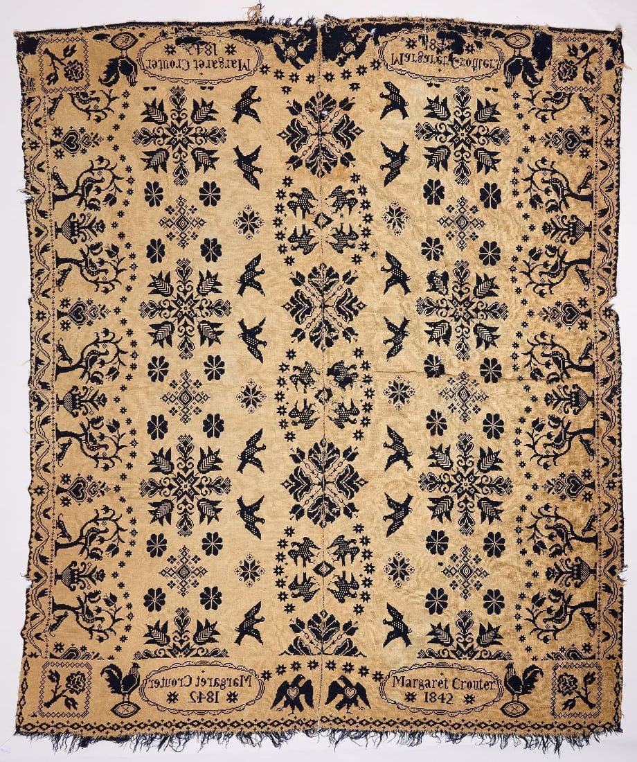1842 Blue and White Coverlet with Birds: 1842 dated blue and white coverlet with birds and flowers. Sewn by Margaret Crouter. American. L 88 in. W 74 in.