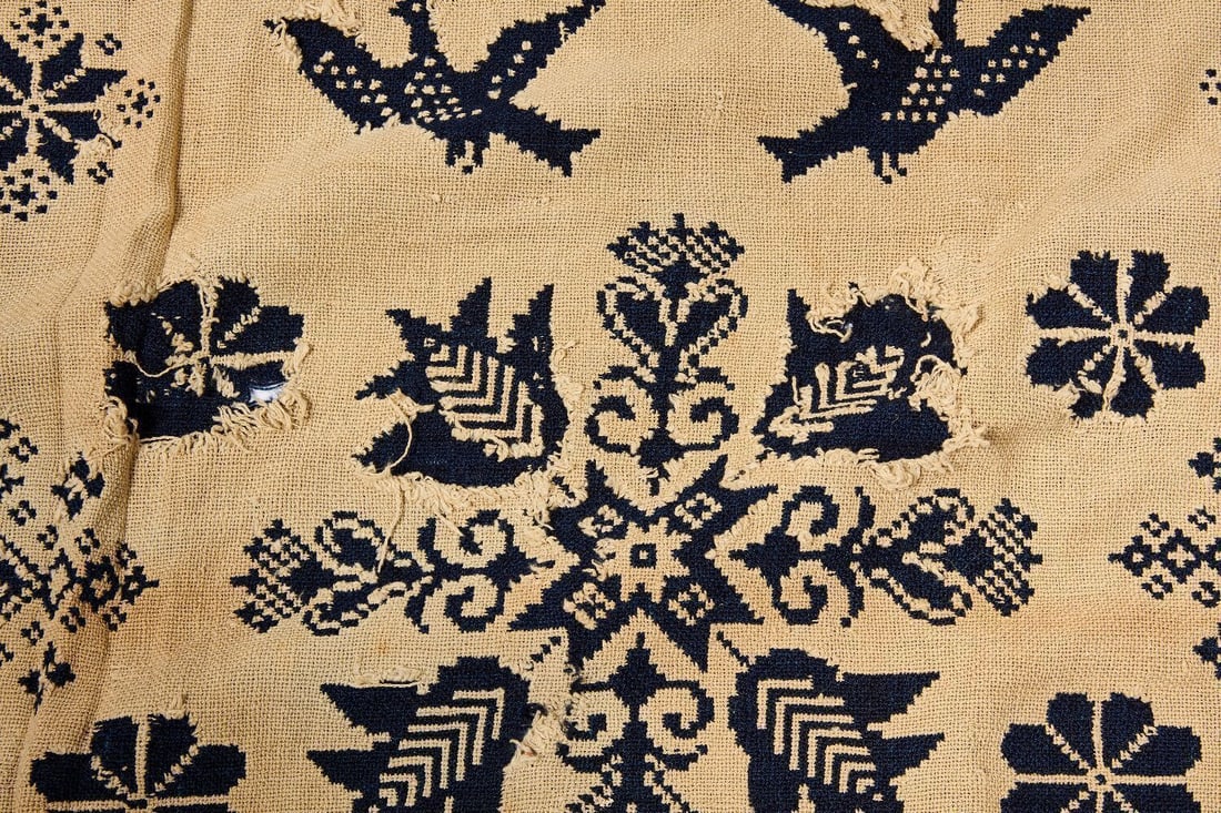 1842 Blue and White Coverlet with Birds - 3