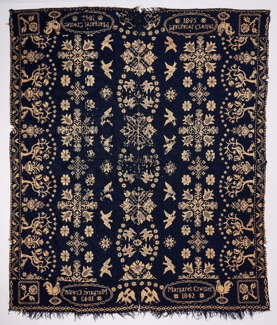 1842 Blue and White Coverlet with Birds - 4