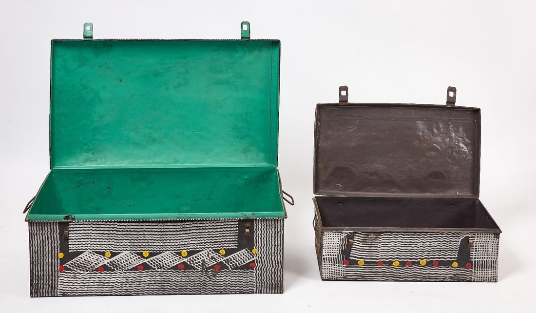 Two Folk Art Paint-Decorated Tin Trunks - 2