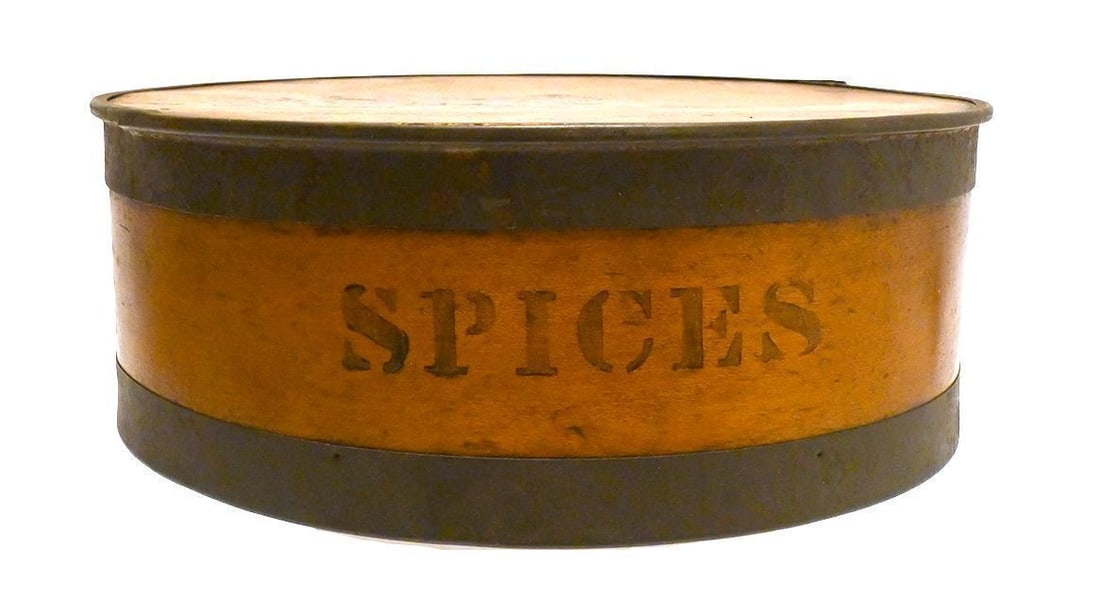 Spice Box with Tins: Round spice box with 8 small tins inside. Stenciled lettering. Stamped underneath by maker. New Jersey, late 19th century. H 3-1/2 in. D 9-1/2 in.