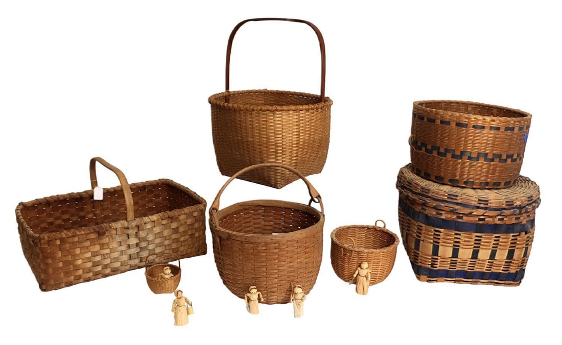 Two Martha Wetherbee Shaker-Style Baskets with Assorted Country Baskets and Corn Husk Dolls (1 of 1)