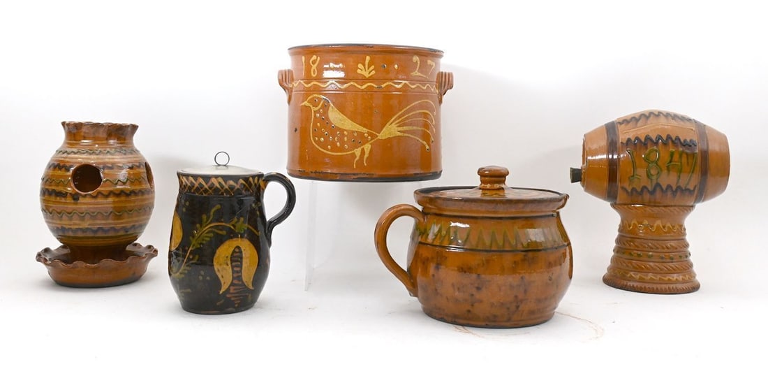 Group of Five Contemporary Redware Pieces by Greg Shooner: Group of five contemporary lead-glazed redware pieces by Greg Shooner (American). Comprising a jar with slip-trailed bird decoration and "1827," clear glaze over amber-red body, signed and