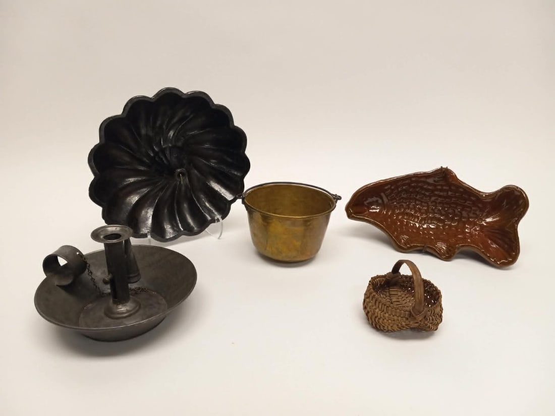 Country Group: Country group of 5 items including a miniature basket, miniature cauldron, turks head cake mold, chamberstick, and a redware pottery fish mold with added wall bracket. American, 19th century.