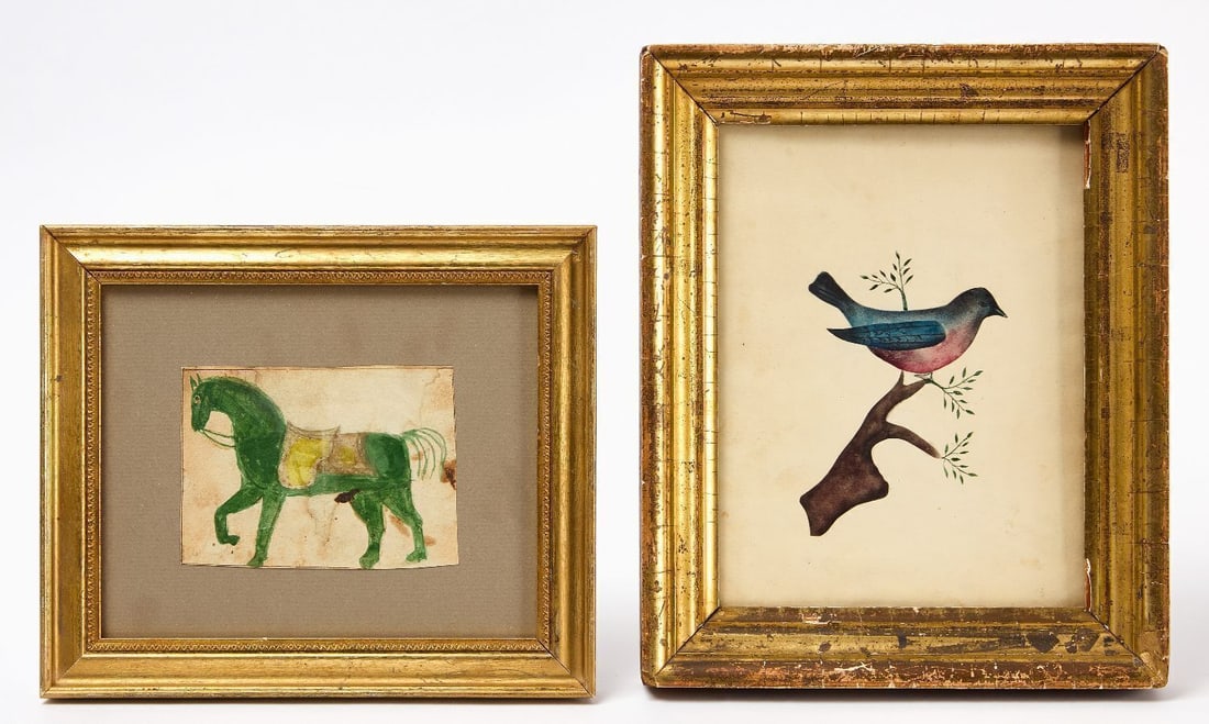 Two Watercolor Paintings: Two watercolor paintings one a green horse waterclor and paper. Mid-20th Century and one a bird watercolor on gilded frame. American. 18th Century. Horse: Frame: H 8-1/4 in. 9-1/2 in. Paper: H