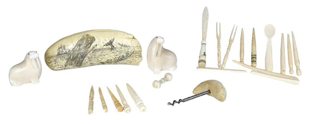 Group of Sailor's Tools, Scrimshaw, and Carved Walrus (1 of 10)