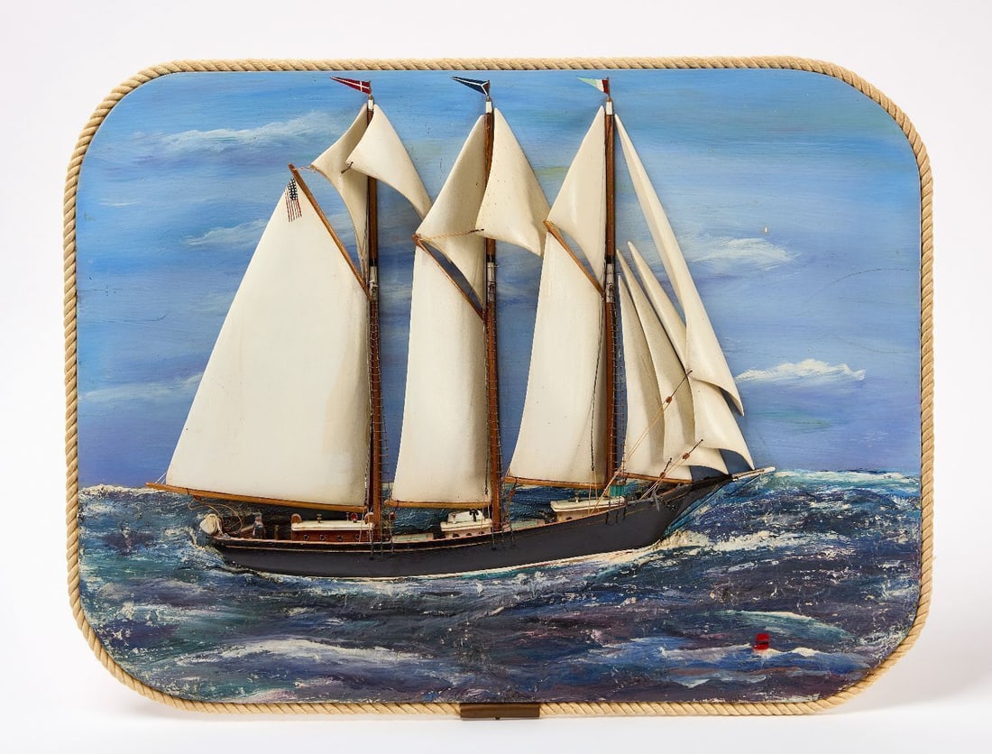Model of the Ship Marion Sprague: Model of the 3-mast sailing ship Marion Sprague. Carved and painted wood mounted to wood board with rope surround. Retains old hand-written note to backside. New England, late 19th century. H 15-5/8
