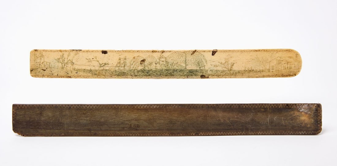 Two Carved Busks: Two busks. One carved whalebone with incised and painted details of weeping willow trees. The other in carved bone (baleen) with incised floral motifs and zig-zag border. New England, 19th century. L