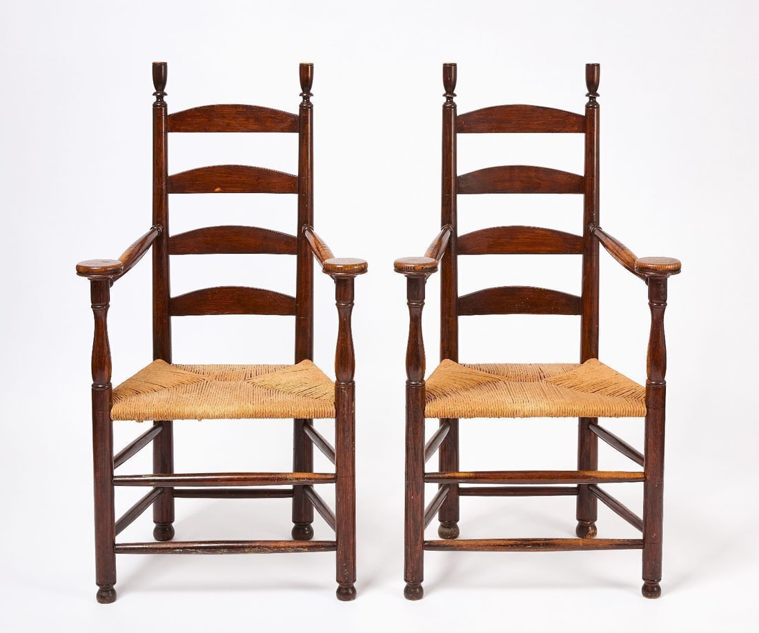 Pair of Ladder-Back Armchairs: Pair of ladder-back arm chairs. American, late 19th century. H 42-1/2 in. W 22-1/2 in. D 16-3/8 in. SH 16 in.