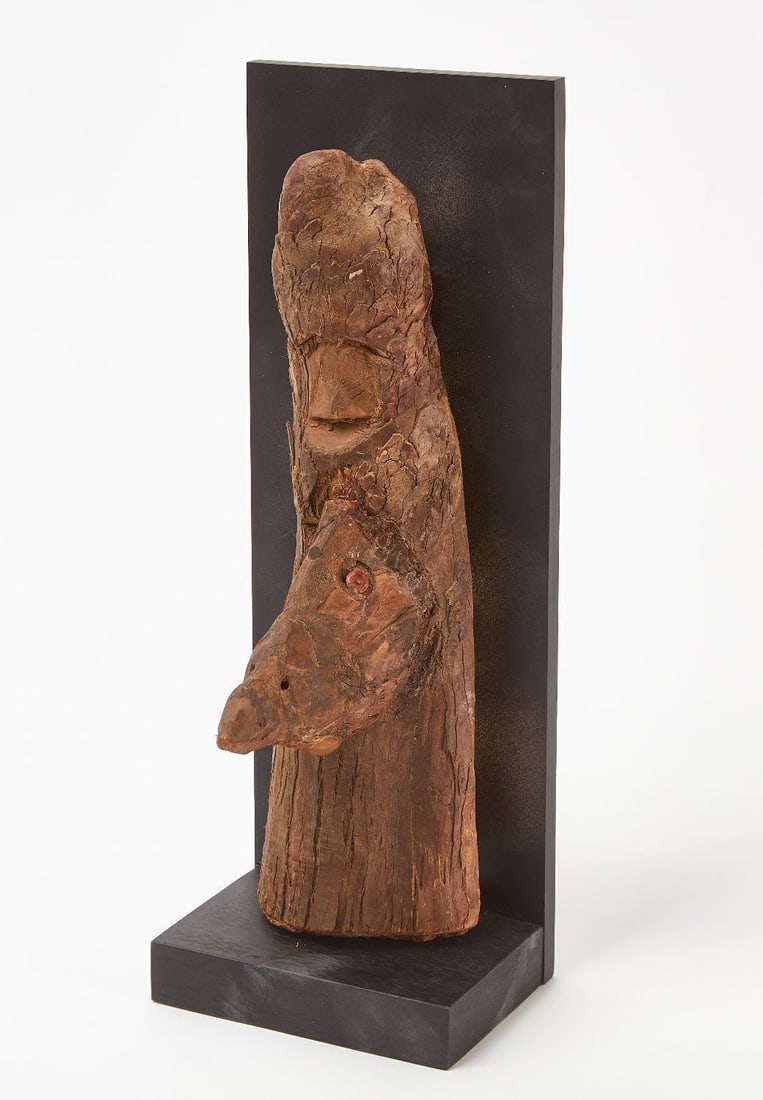 Jesse Aaron - Untitled Carving: Jesse Aaron (1887–1979) - Untitled. Crypress wood, resin eyes. circa 1970. Custom stand included as shown. Figure only: H 14 in. Stand: H 16-1/4 in. W 5-3/4 in. D 4-3/8 in.